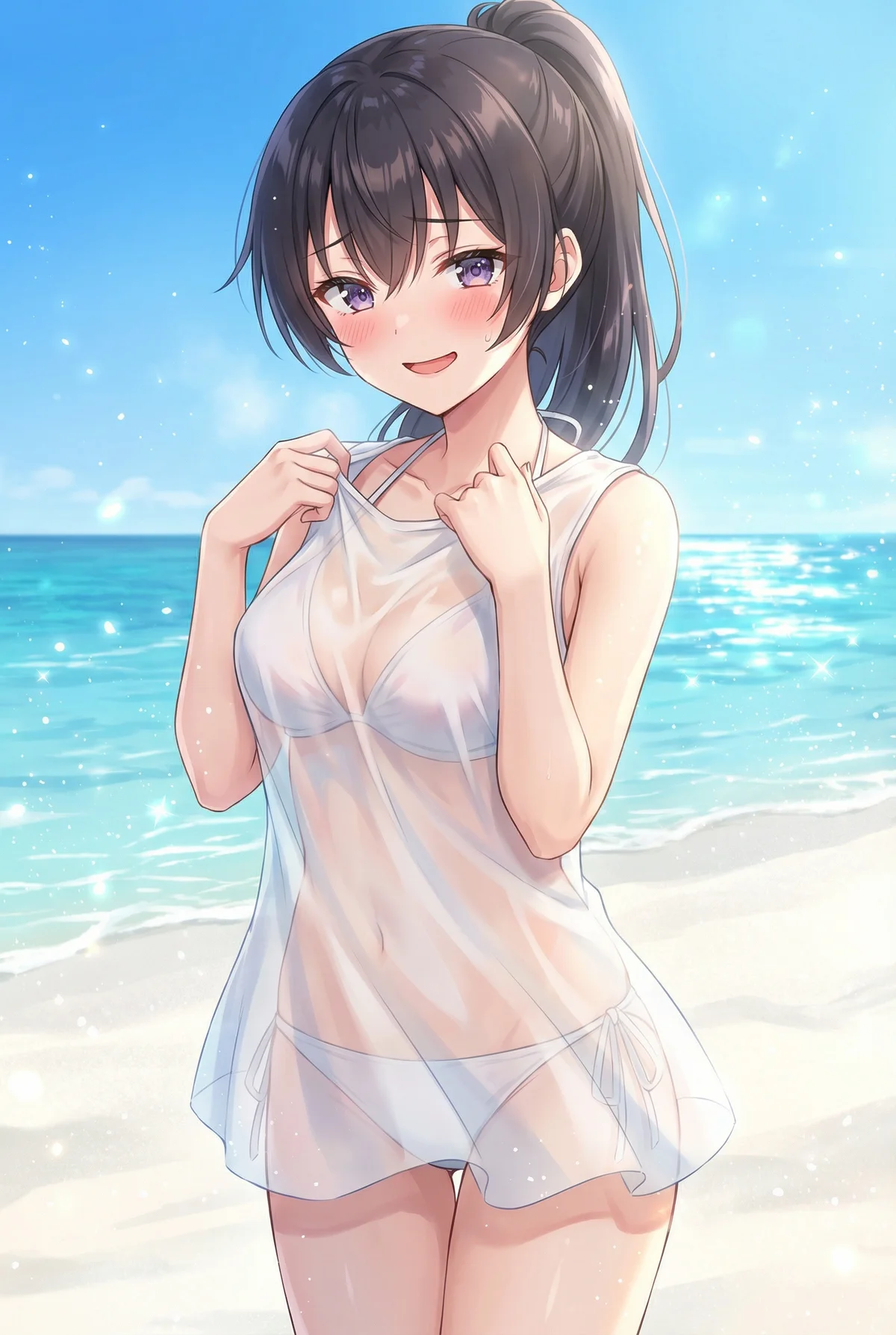 『ロシア語でデレる隣のアーリャさん』の周防有希が、夏のビーチで濡れた白いワンピースから水着が透けて恥じらう姿。太陽が輝く海辺で、少し照れた笑顔が魅力的です。