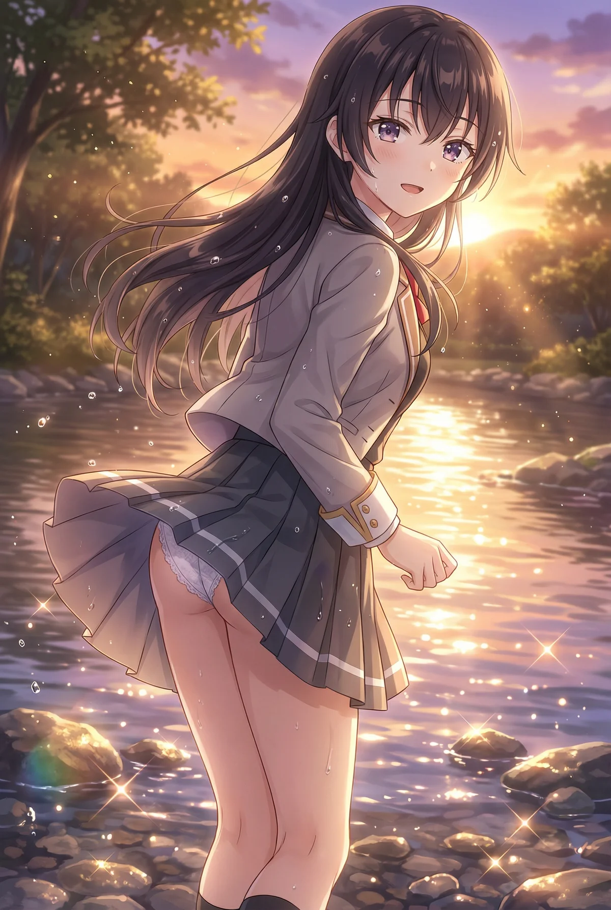 Suou Yuki from "Alya-san" plays in a river at sunset. Her wet uniform skirt flutters, showing a bashful smile amid sparkling golden light.