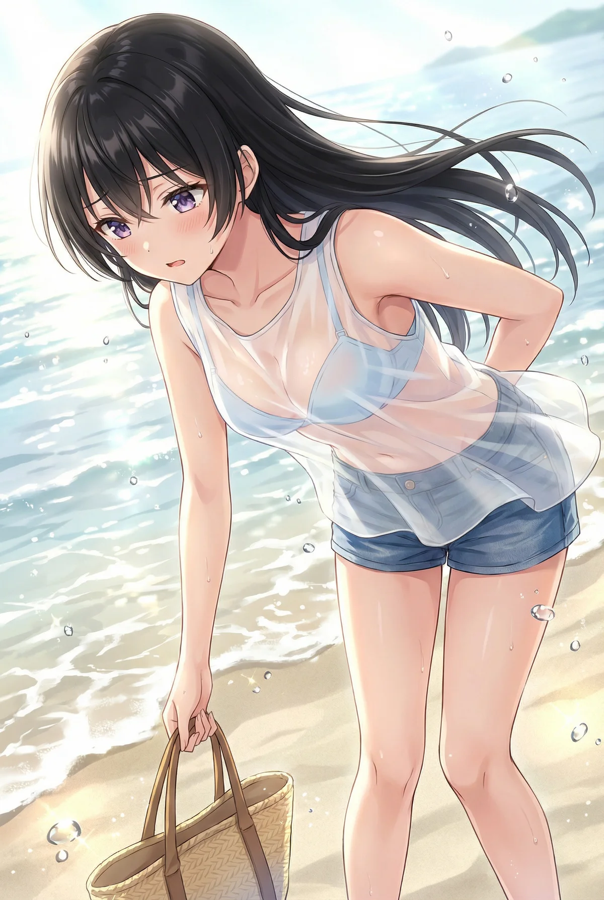 Yuki Suou from "Alya Sometimes Hides Her Feelings in Russian" at a golden hour beach. Her wet tank top over a blue bra and denim shorts, coupled with a shy, adorable expression, creates a charming summer scene with sparkling water.
