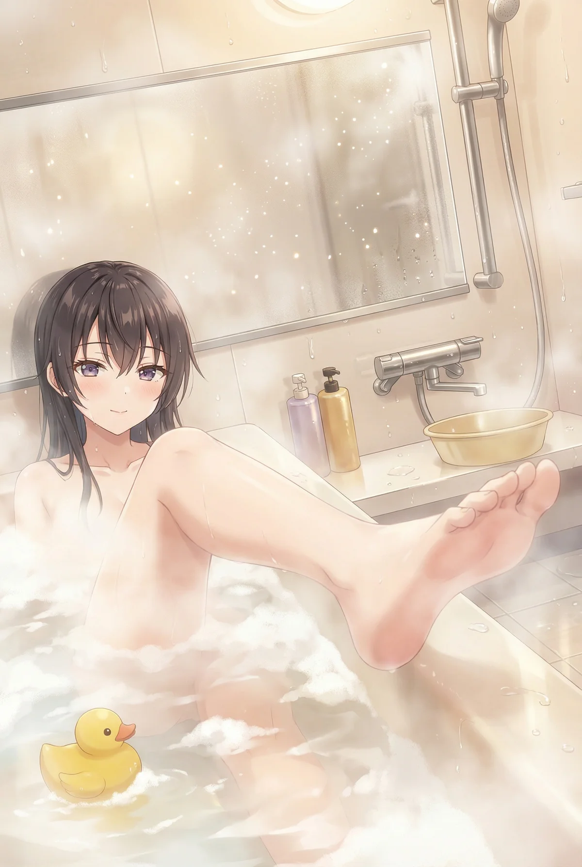 Suou Yuki from 'Alya Sometimes Hides Her Feelings in Russian' enjoys a relaxing bubble bath amidst rising steam. She gazes with a gentle smile, a cute rubber duck floating nearby, capturing a serene and cozy moment.