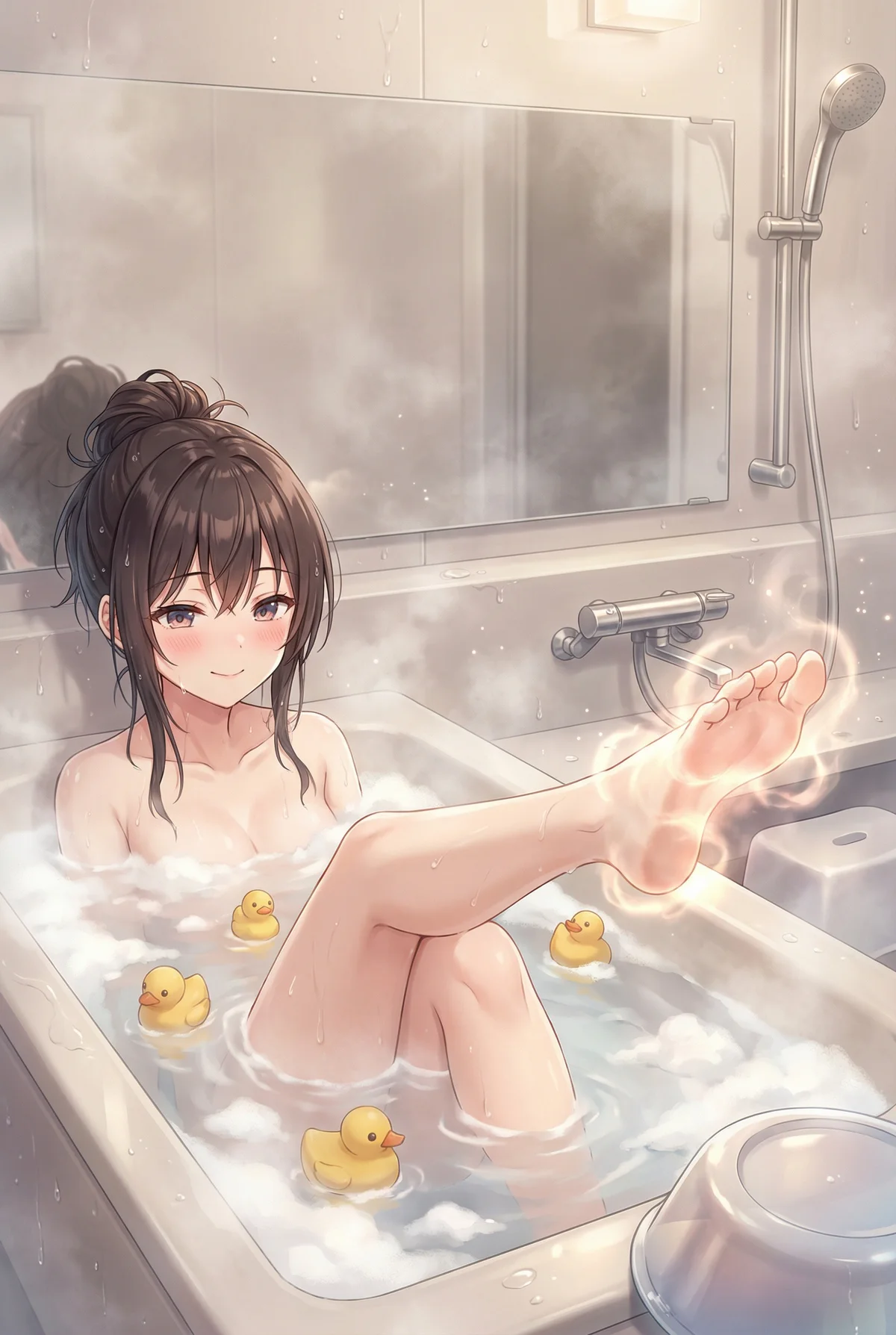 『ロシア語でデレる隣のアーリャさん』の周防有希が、ふんわり泡立つ湯船に浸かり、アヒルたちとリラックスタイム。湯気の中、足を伸ばして微笑む姿は、日々の疲れを癒してくれるような可愛らしさです。