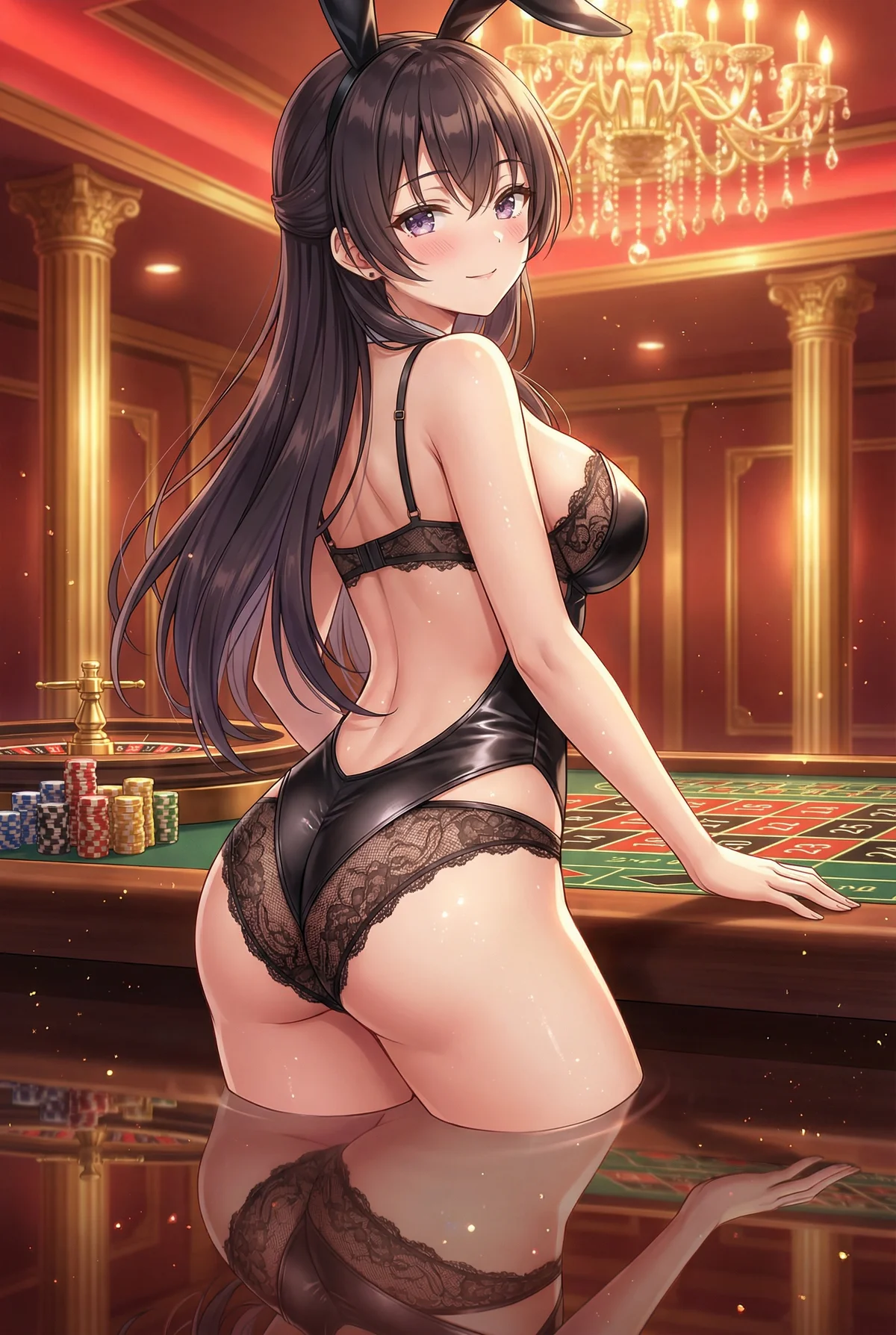 『ロシア語でデレる隣のアーリャさん』の周防有希が、妖艶なバニー衣装でカジノに登場。濡れた肌が輝き、魅惑的な表情で誘います。ゴージャスな空間での、特別な夜の一コマ。