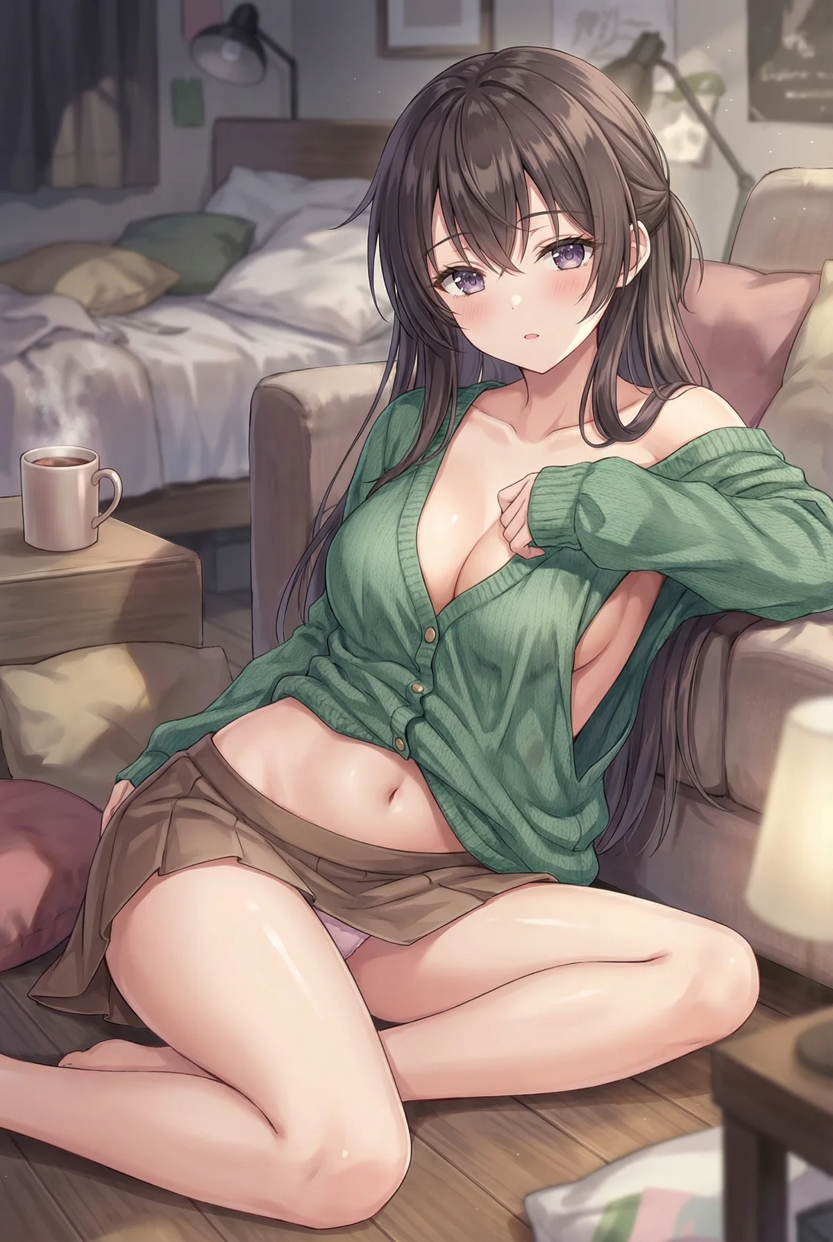 Suou Yuki from 'Alya Sometimes Hides Her Feelings in Russian' relaxes at home. Her green cardigan subtly reveals skin, creating a cozy, intimate bedroom scene.