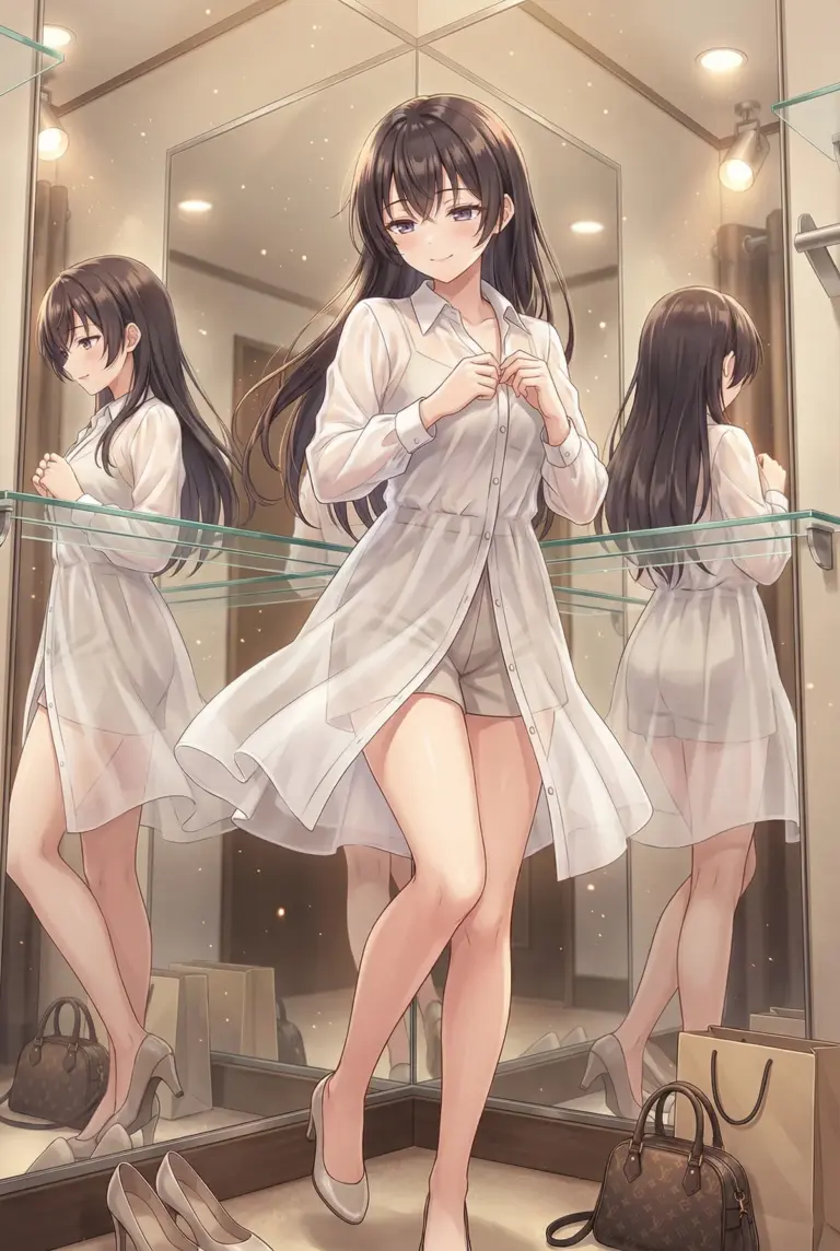 【周防 有希】試着室で上品な白シャツコーデ