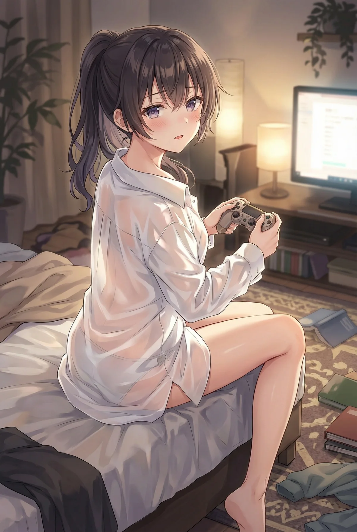 周防有希がベッドに座り、Yシャツ一枚でゲームに興じる夜のプライベートな時間。ほんのり頬を染め、こちらを見る表情が愛らしい一枚です。リラックスした空間で、彼女と一緒にゲームの世界へ没頭しませんか？