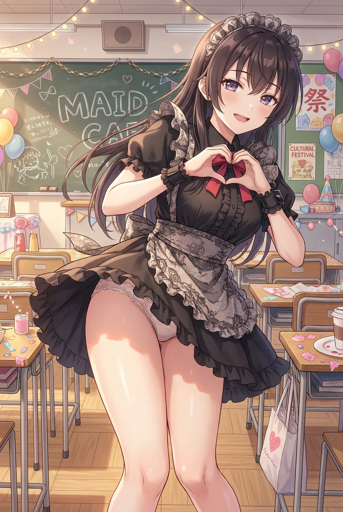 Suou Yuki, from "Alya-san," in a maid uniform at a cultural festival cafe, smiles and makes a heart. Features her legs and lace underwear.