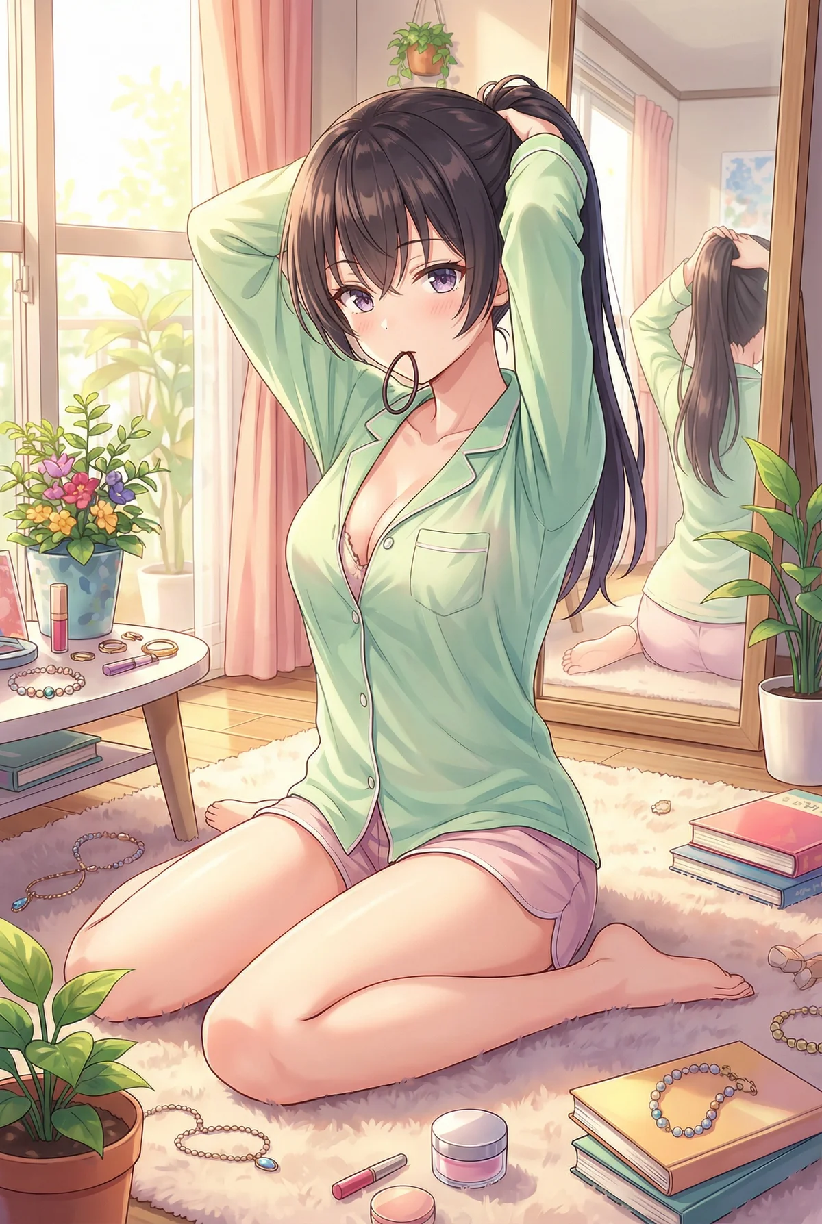 Suou Yuki in her pajamas, tying her hair in a sunlit room. A hair tie in her mouth, her shy expression is reflected in the mirror. Capturing a cozy morning.