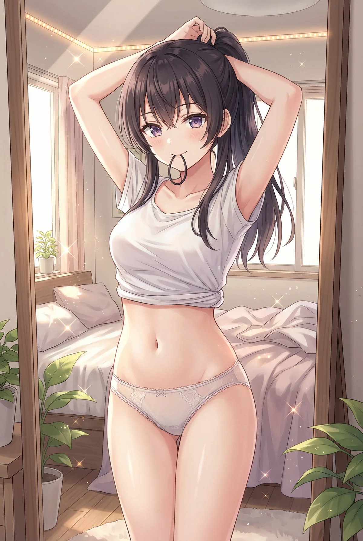 「ロシア語でデレる隣のアーリャさん」の周防 有希が、朝の陽光差し込む部屋でポニーテールに髪を結う準備中。鏡に映る無防備な姿が、彼女の普段とは違う一面を見せています。