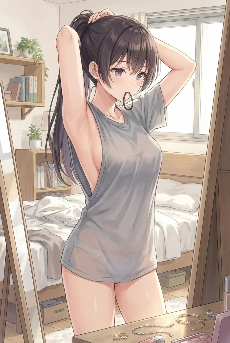 【周防有希】透け感Tシャツで髪を結う朝