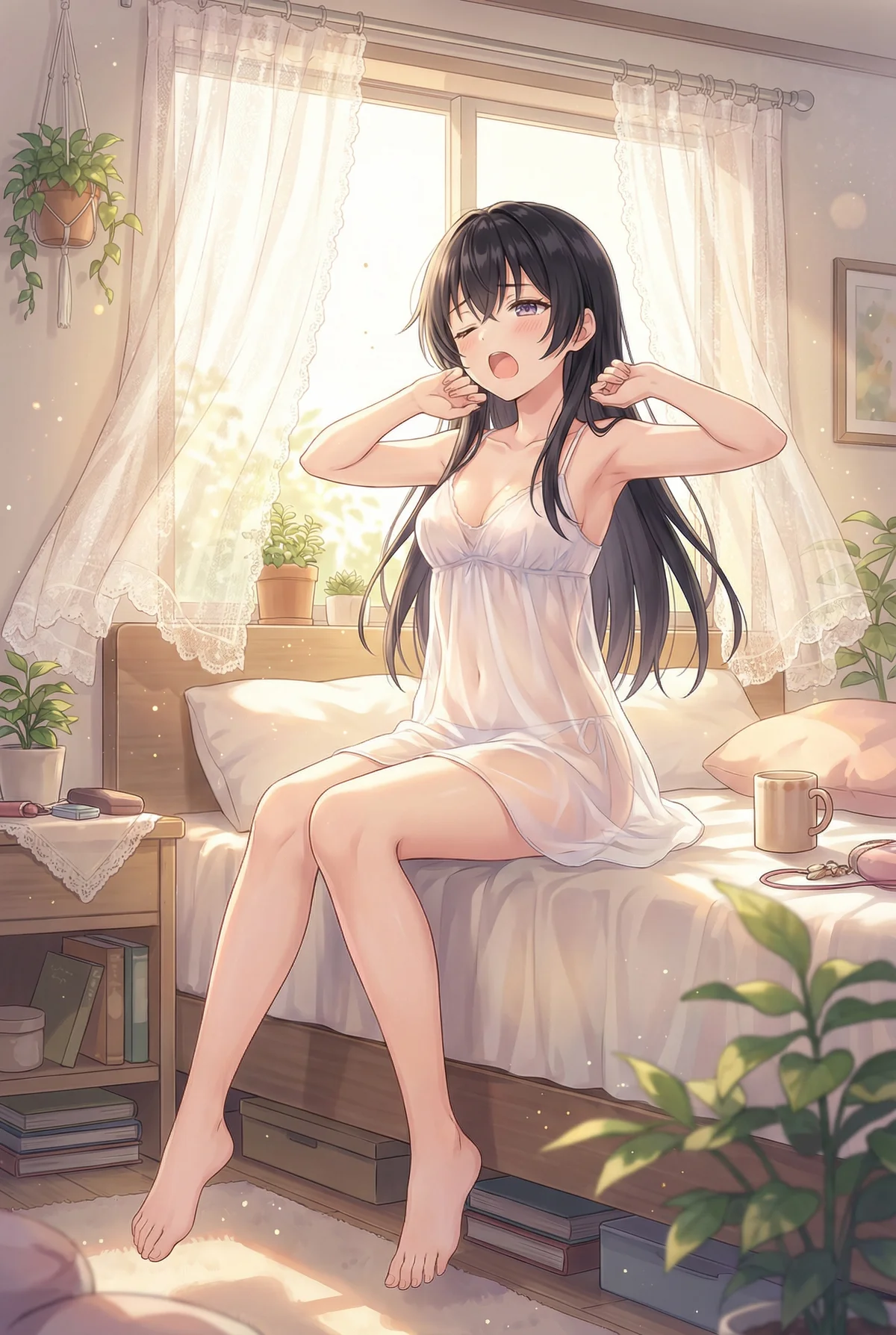 Yuki Suou from "Roshidere" stretches in bed. Bathed in warm morning light, her delicate nightgown and relaxed expression capture a serene and cozy awakening, marking a fresh start.