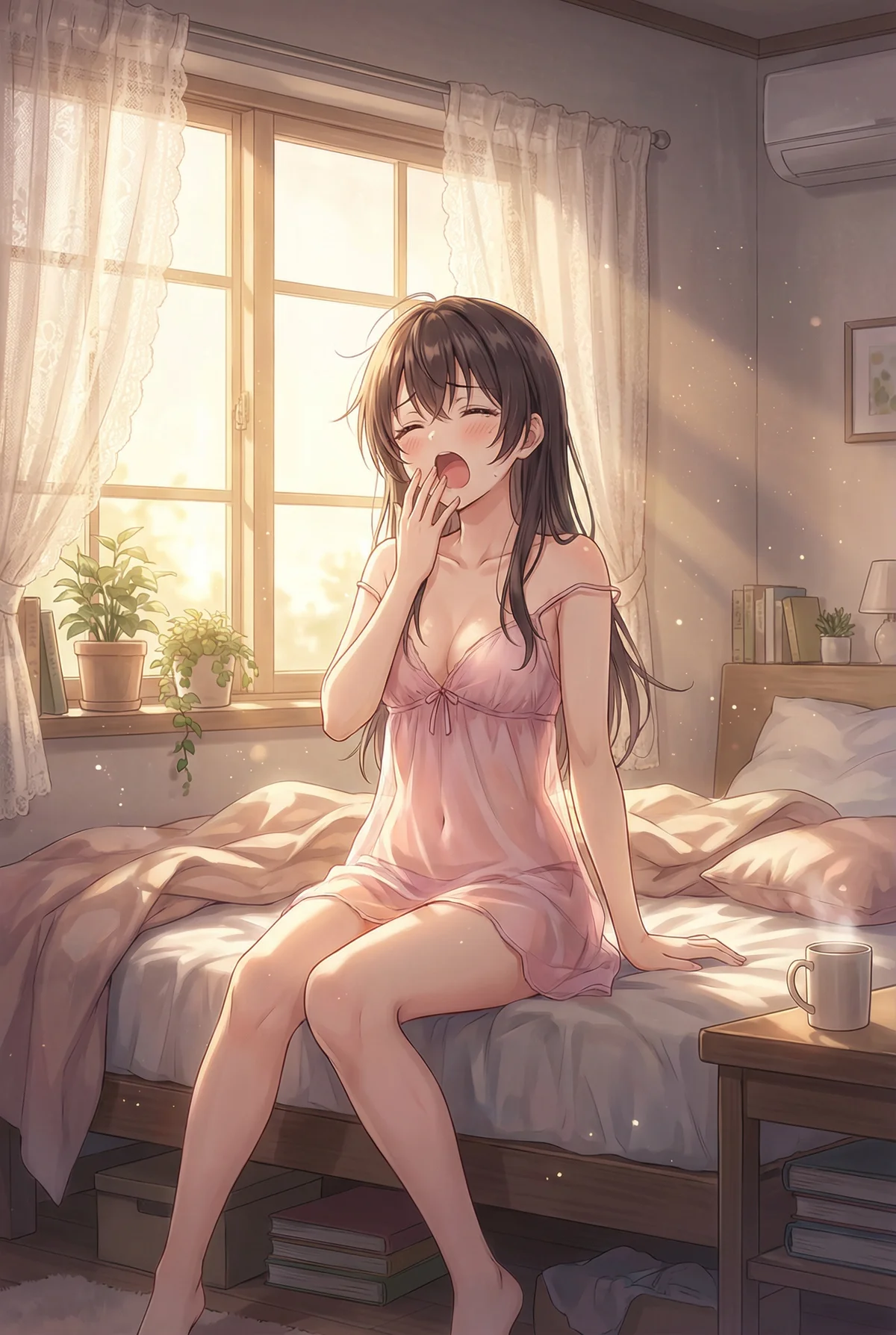 Suou Yuki from Alya-san yawns in her sunlit bed. A charming, peaceful morning scene bathed in gentle light.