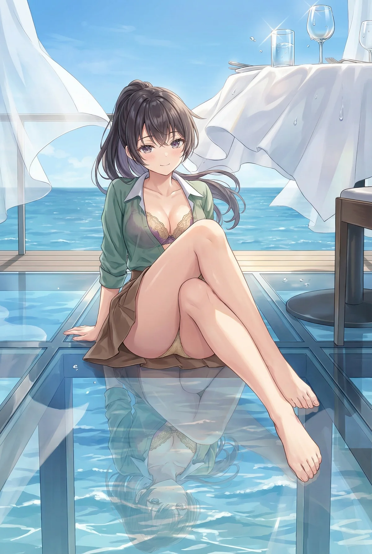 Suou Yuki from "Alya Sometimes Defends Her Russian" radiates charm, sitting on a glass floor reflecting the sparkling ocean. Her casual shirt over a swimsuit hints at a blissful resort experience.