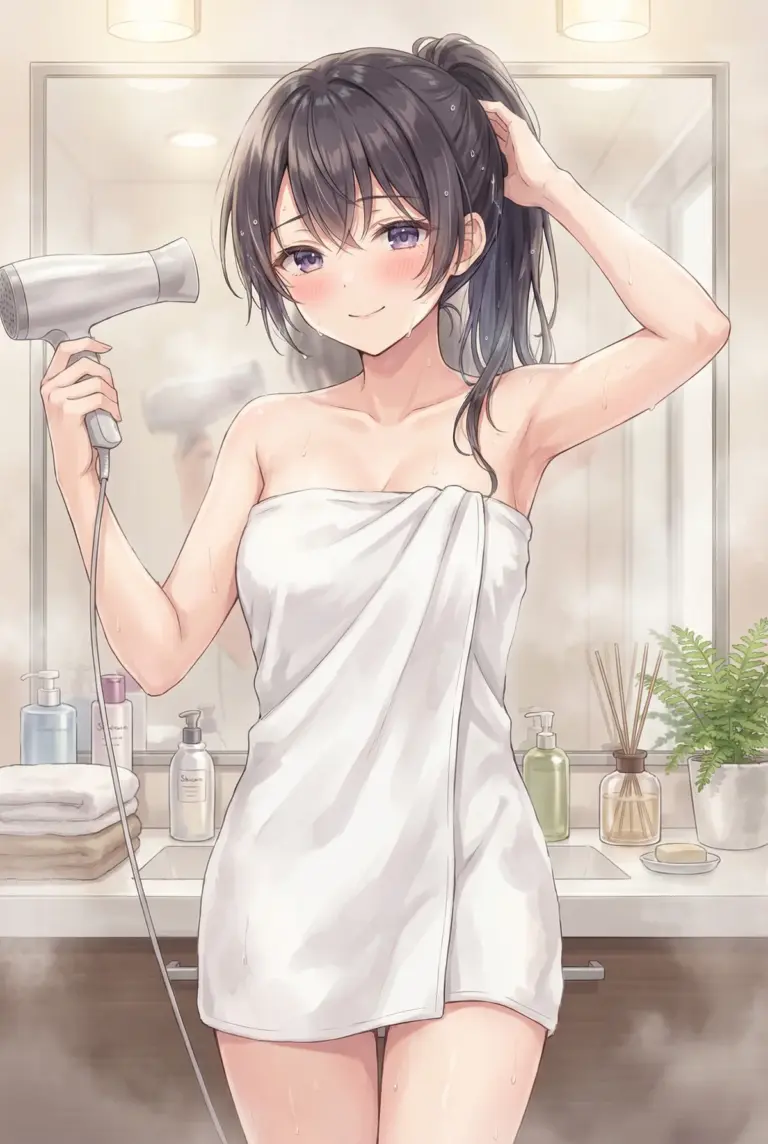 【周防 有希】湯上りバスルームで髪を整える