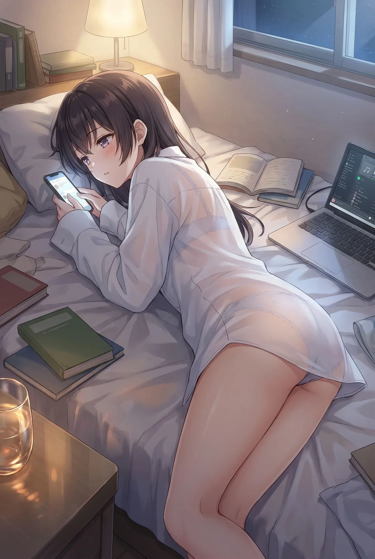 Suou Yuki from 'Arya Sometimes Hides Her Feelings in Russian' relaxes in bed at night, engrossed in her smartphone. Her sheer shirt and lingerie hint at an intimate, cozy evening with books and a laptop nearby.