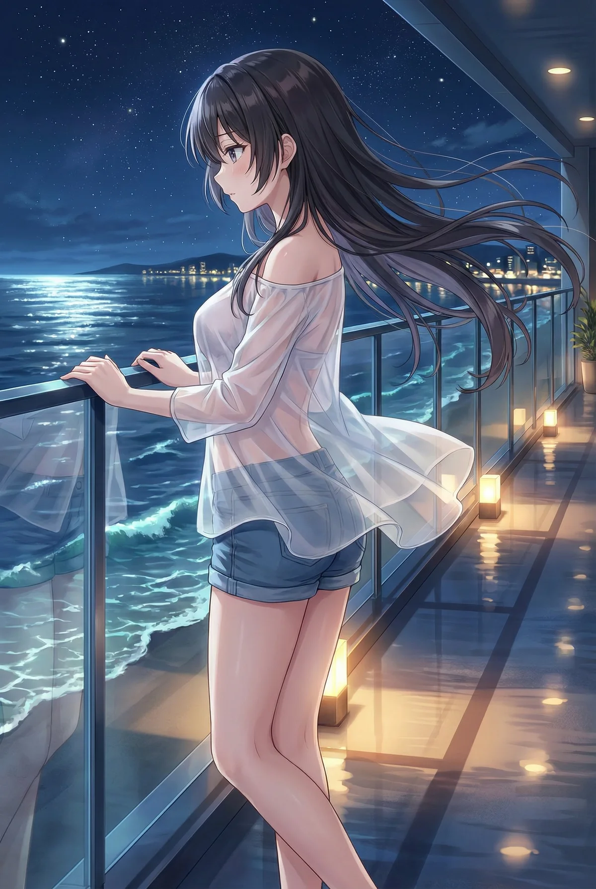 Suou Yuki from "Alya Sometimes Hides Her Feelings in Russian" on a starry night balcony. She gazes at the ocean, her hair and sheer top flowing gently. A serene view.