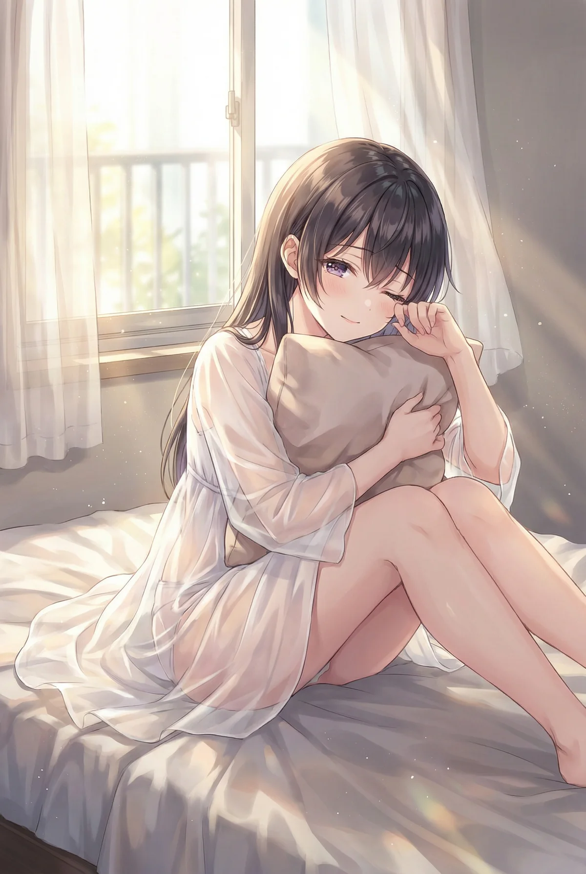 「ロシア語でデレる隣のアーリャさん」の周防有希が、朝日で輝くベッドで薄手の寝間着姿。枕を抱え、眠たげに目をこする姿が愛らしい、清々しい朝の情景です。