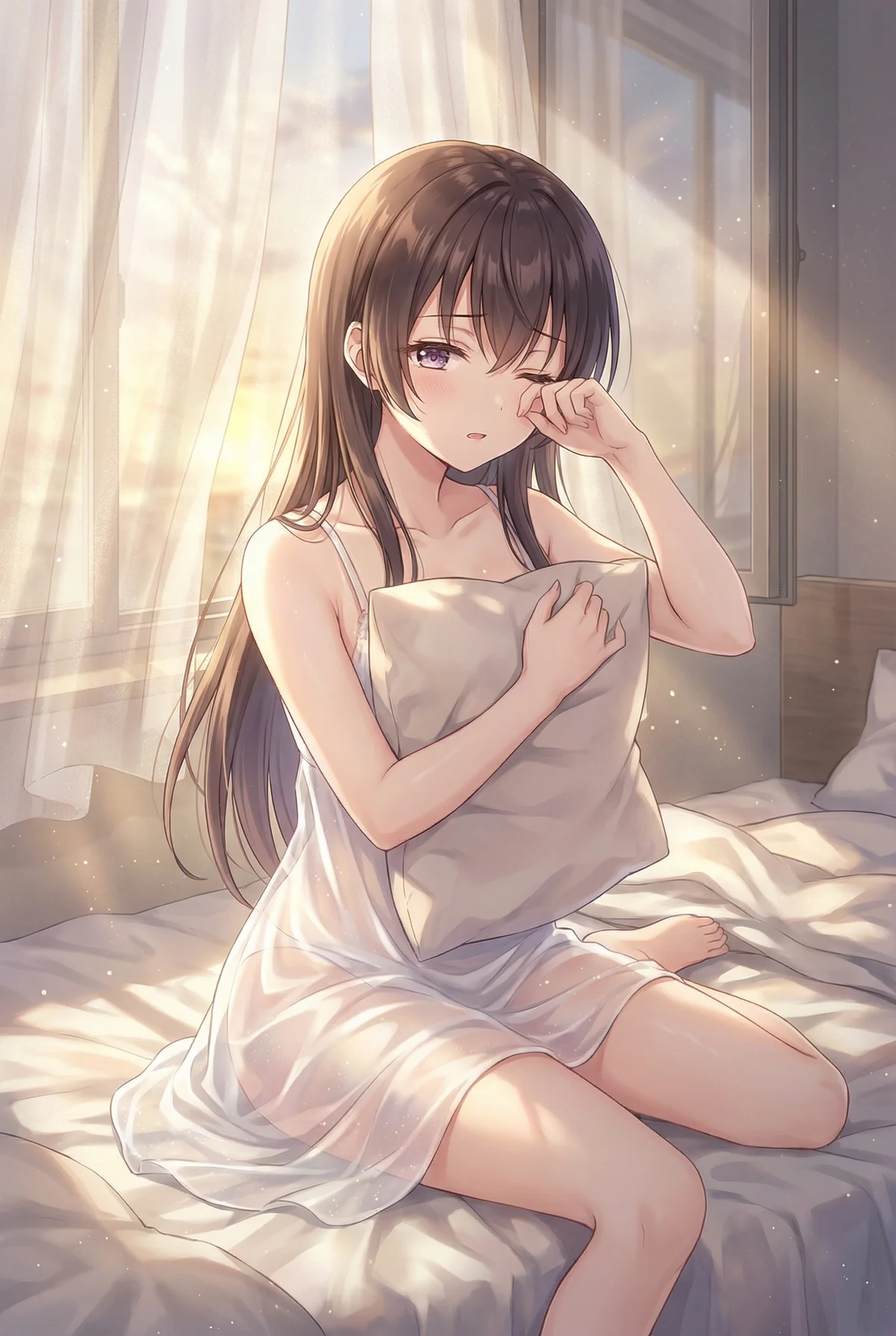 Yuki Suou from "Arya-san Next to Me Who Sometimes Acts Sweet and Flirty in Russian" in the soft morning light, gently rubbing her sleepy eyes. Her sheer nightdress and the way she hugs her pillow capture a charming, tranquil moment of waking up.
