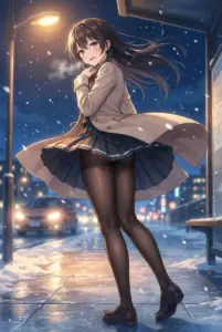 Yuki Suou’s charming smile at a snowy winter bus stop