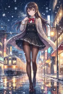 【周防 有希】雪舞う街を歩む有希の冬景色