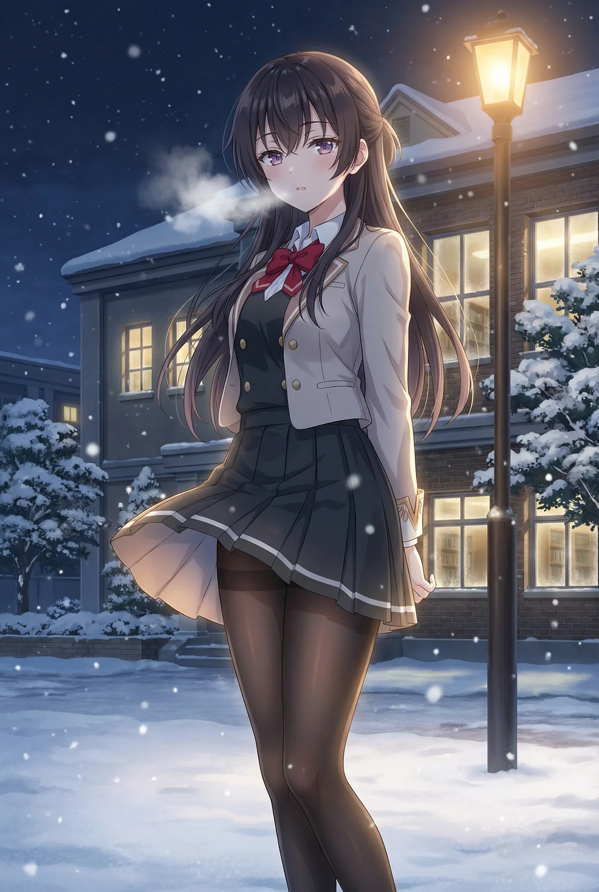 「ロシア語でデレる隣のアーリャさん」の周防有希が、雪がしんしんと降る冬の夜に佇む姿。白い息を吐き、頬を少し染めた制服姿が、温かい街灯の光に照らされて幻想的な雰囲気です。