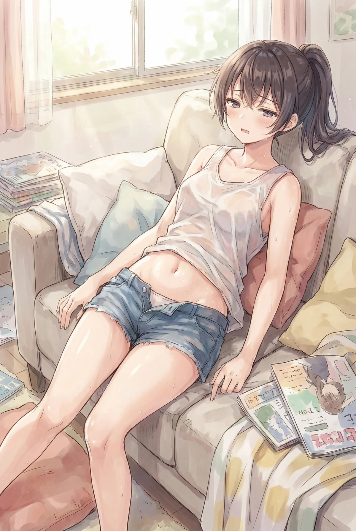 暑い夏の午後、周防有希がソファで気だるげに横たわる姿。汗で濡れたタンクトップとデニムのショートパンツが、彼女のセクシーで無防備な魅力を引き立てています。まどろみの中で見せる表情が印象的です。