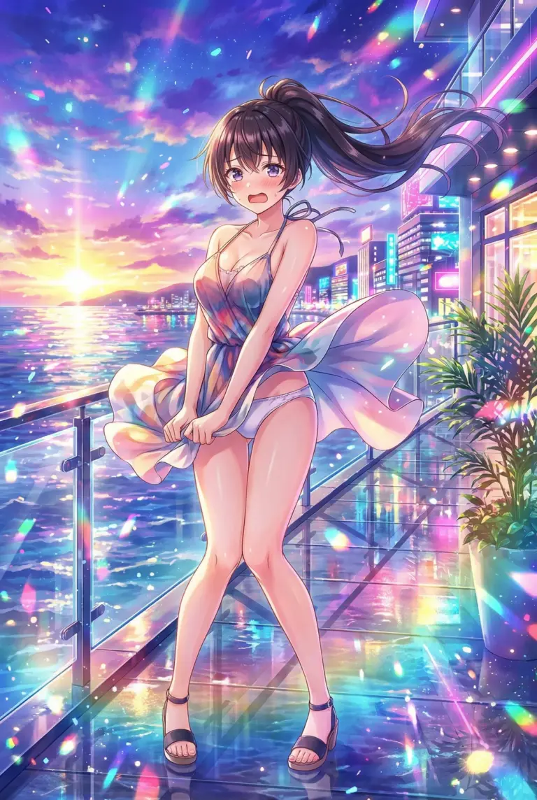 【周防有希】風に揺れるワンピと夕焼けの海