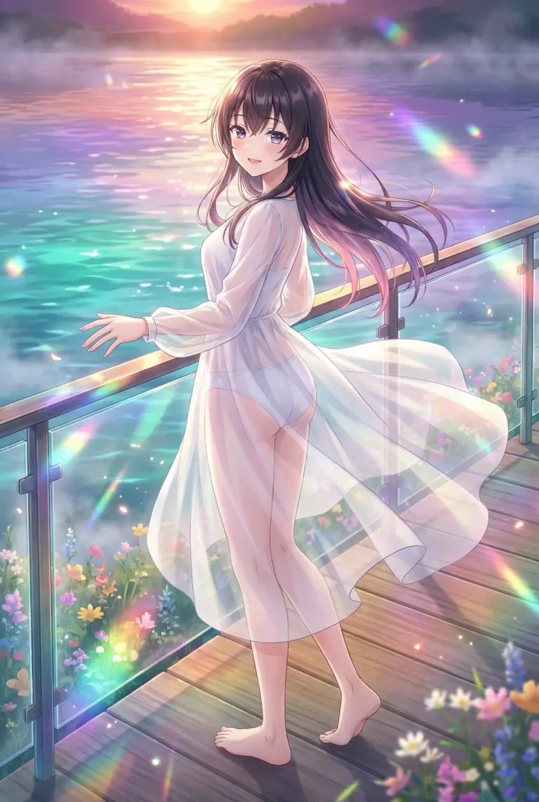 【周防 有希】夕焼けに輝く水辺、透明感あふれる微笑み