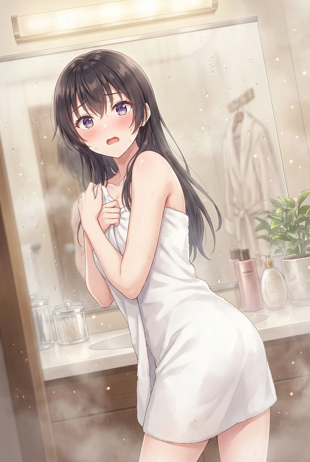 Yuki Suou, fresh from a steamy bath, is wrapped in a towel. Her bashful, flustered expression caught in the mirror is simply adorable.