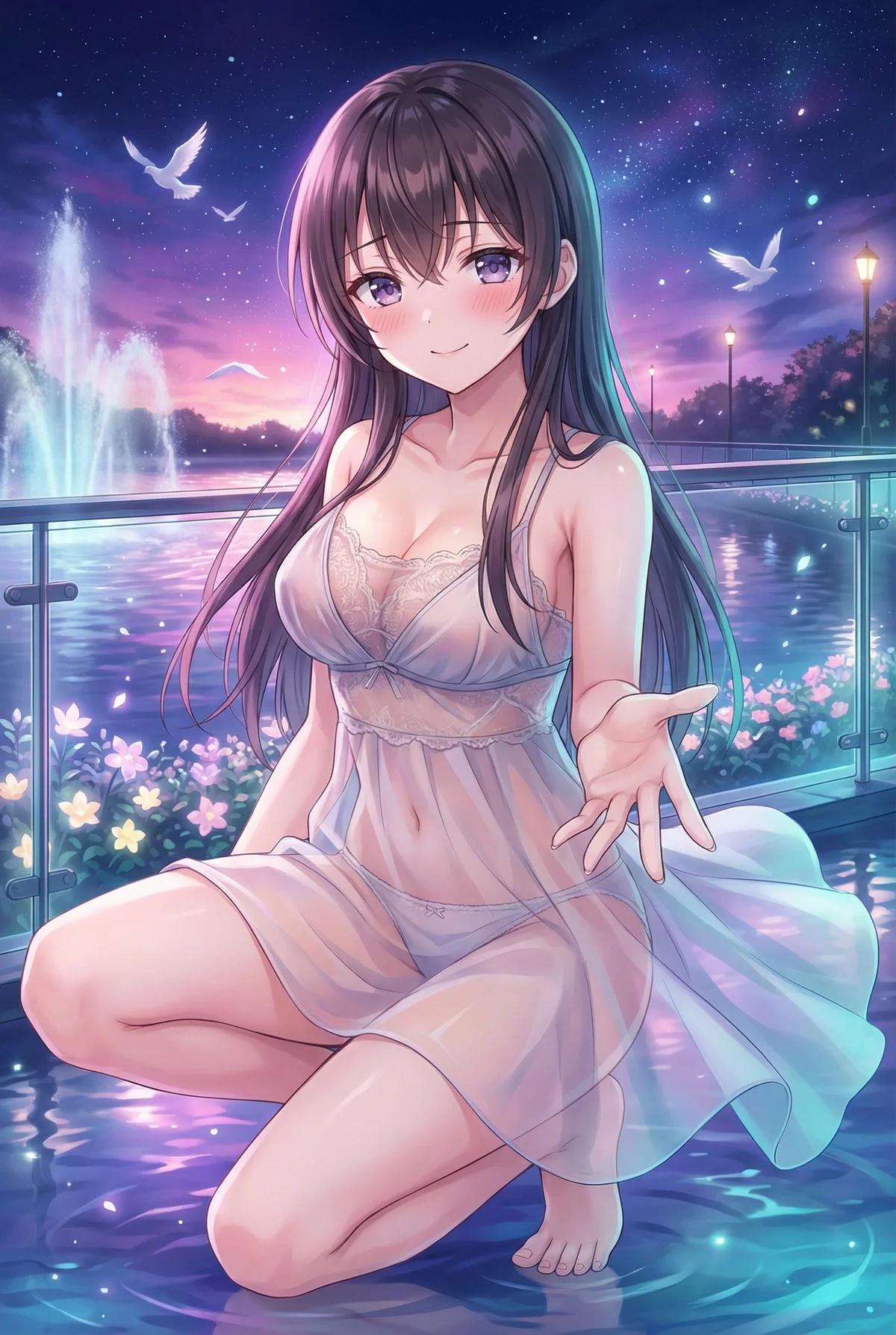 Yūki Suō, from "Alya Sometimes Defends Her Russian," kneels by the water in a sheer dress, offering her hand. The enchanting sunset and starry sky reflect on the shimmering water, creating a magical evening.