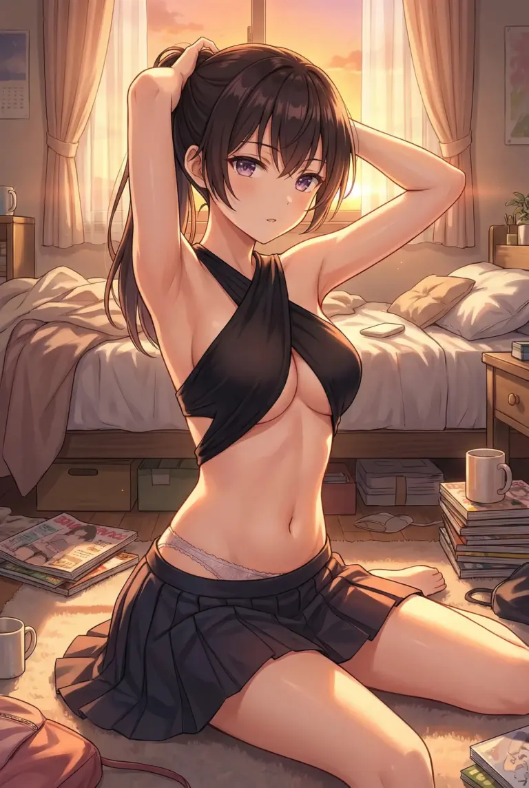 【周防 有希】夕暮れ時、部屋で髪を結い直す姿