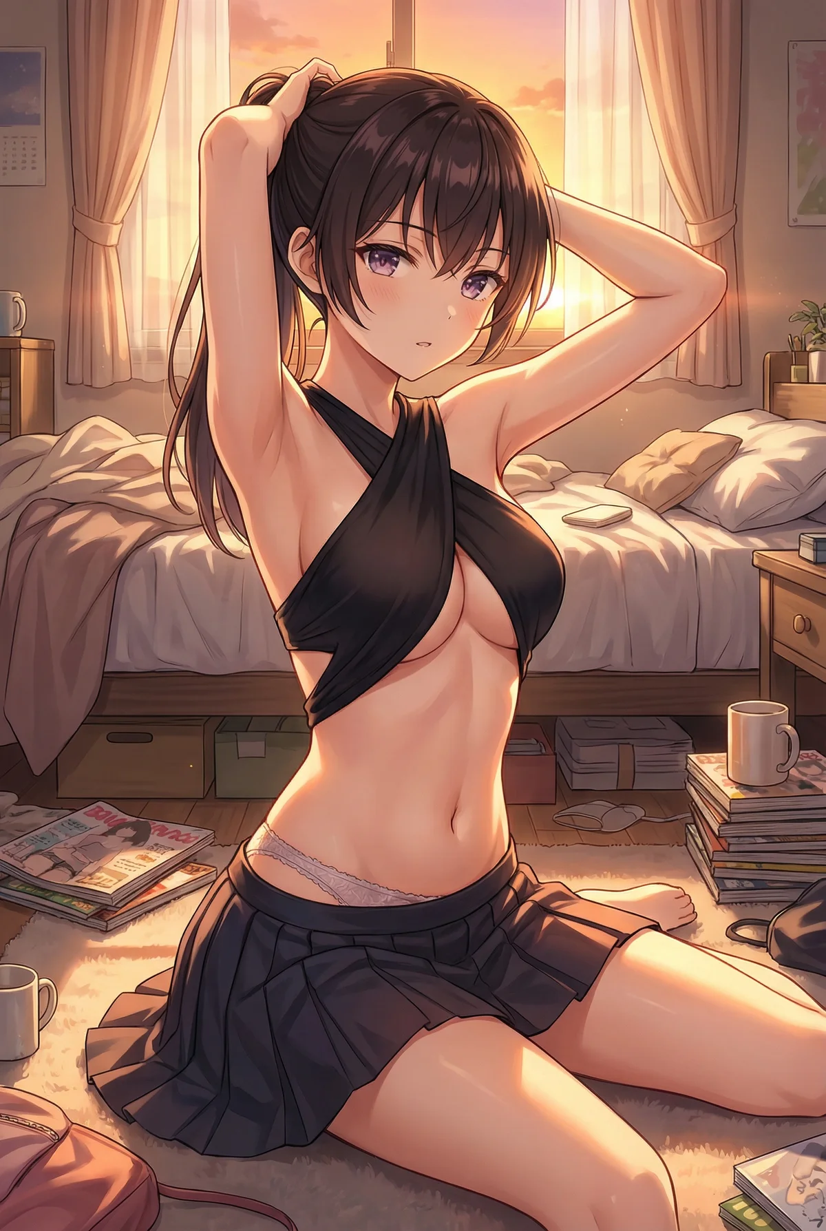 「ロシア語でデレる隣のアーリャさん」の周防有希が、夕焼けが差し込む部屋で髪を結い直している場面。くつろいだ表情と服装が魅力的です。