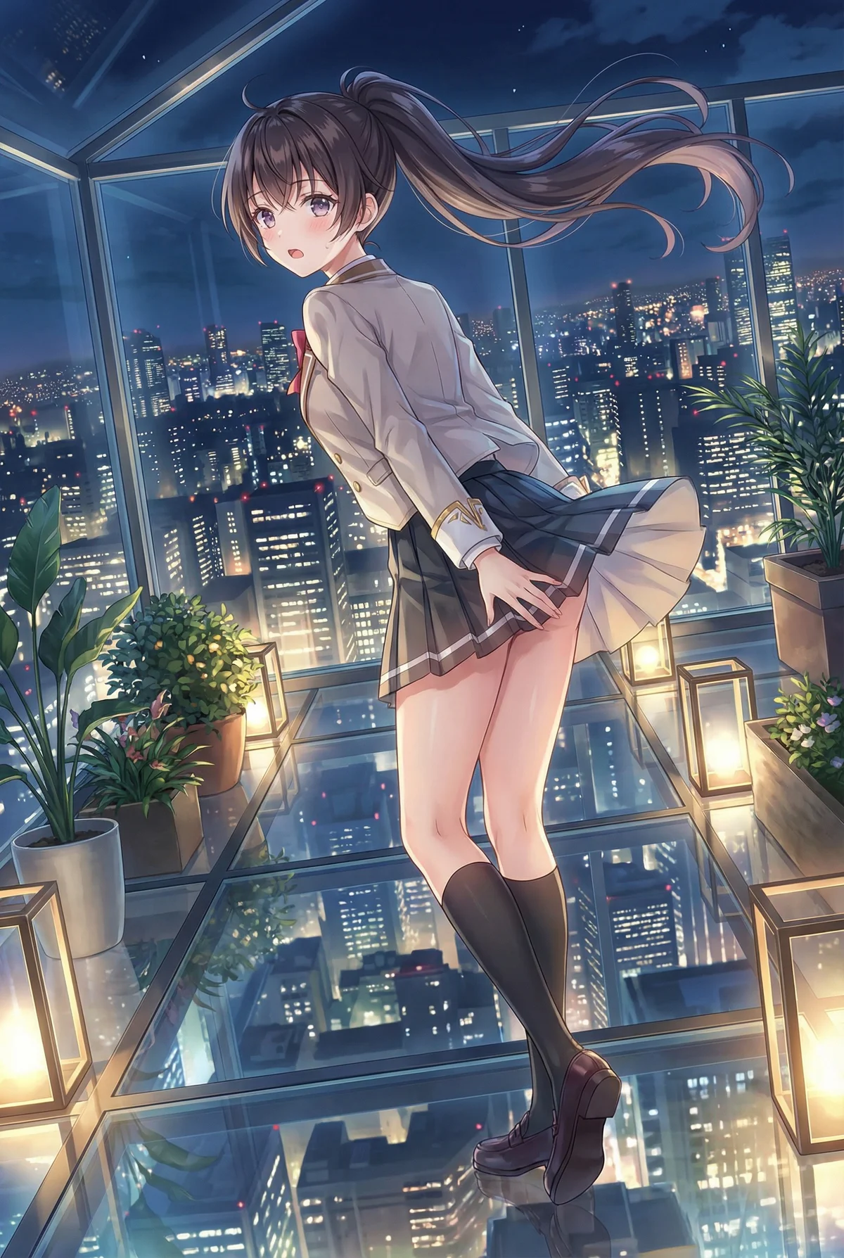 『ロシア語でデレる隣のアーリャさん』の周防有希が、高層ビルからの美しい夜景とガラス床を背景に、はにかむような表情で制服姿を披露。揺れるスカートが魅力的です。