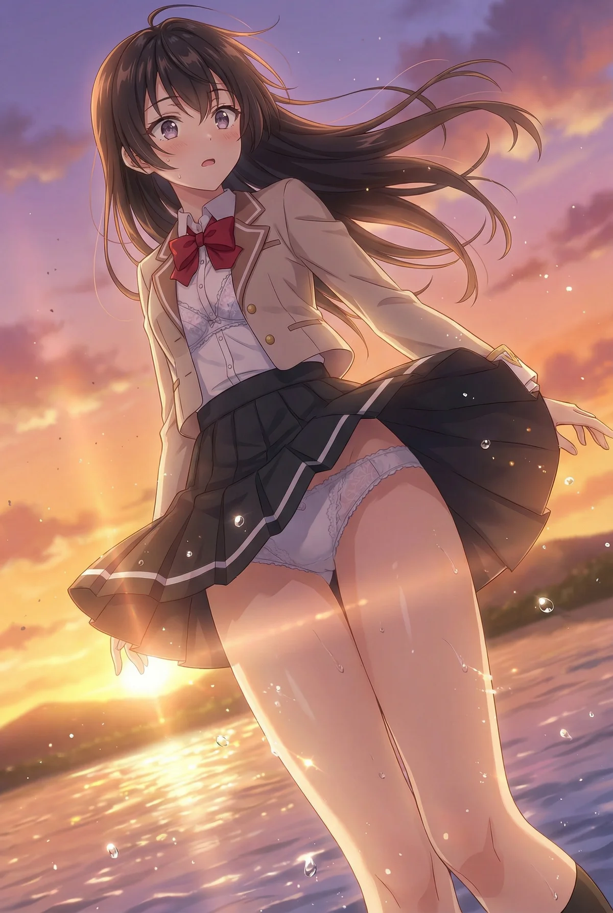 「ロシア語でデレる隣のアーリャさん」の周防有希が、夕焼けに染まる水辺に立つ。制服のスカートがはだけ、思わずドキリとする彼女の表情が可愛らしい。水しぶきが舞う美しい瞬間。