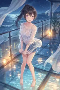 Yuki Suou’s Enchanting Wet Look on a Moonlit Terrace