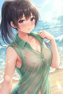 【周防 有希】夏の陽射しと濡れたシャツの浜辺