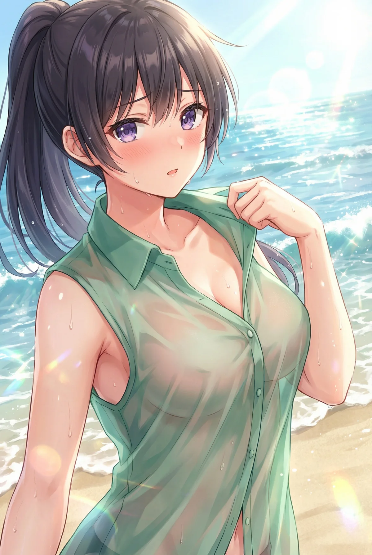 『ロシア語でデレる隣のアーリャさん』の周防有希が、夏のビーチで水に濡れて透けたシャツ姿を披露。陽光が降り注ぐ海辺で、はにかんだ表情が愛らしい一枚です。