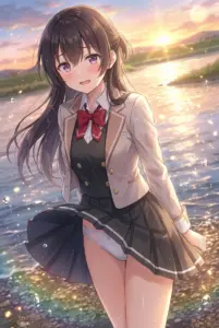 【周防 有希】夕焼けの水辺で濡れた制服姿に赤面