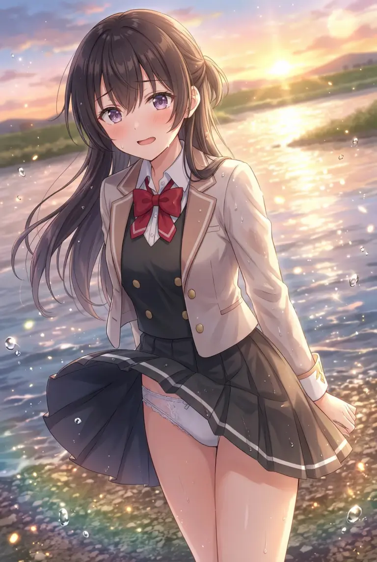 【周防 有希】夕焼けの水辺で濡れた制服姿に赤面