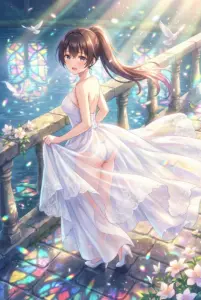 Suou Yuki: Captivating in a Flowing White Gown and Radiant Lights