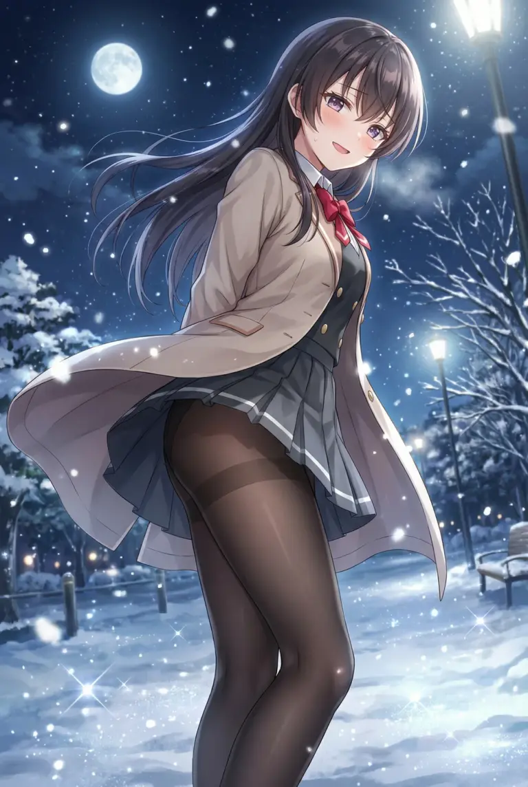 【周防 有希】雪の夜、きらめくタイツと制服姿