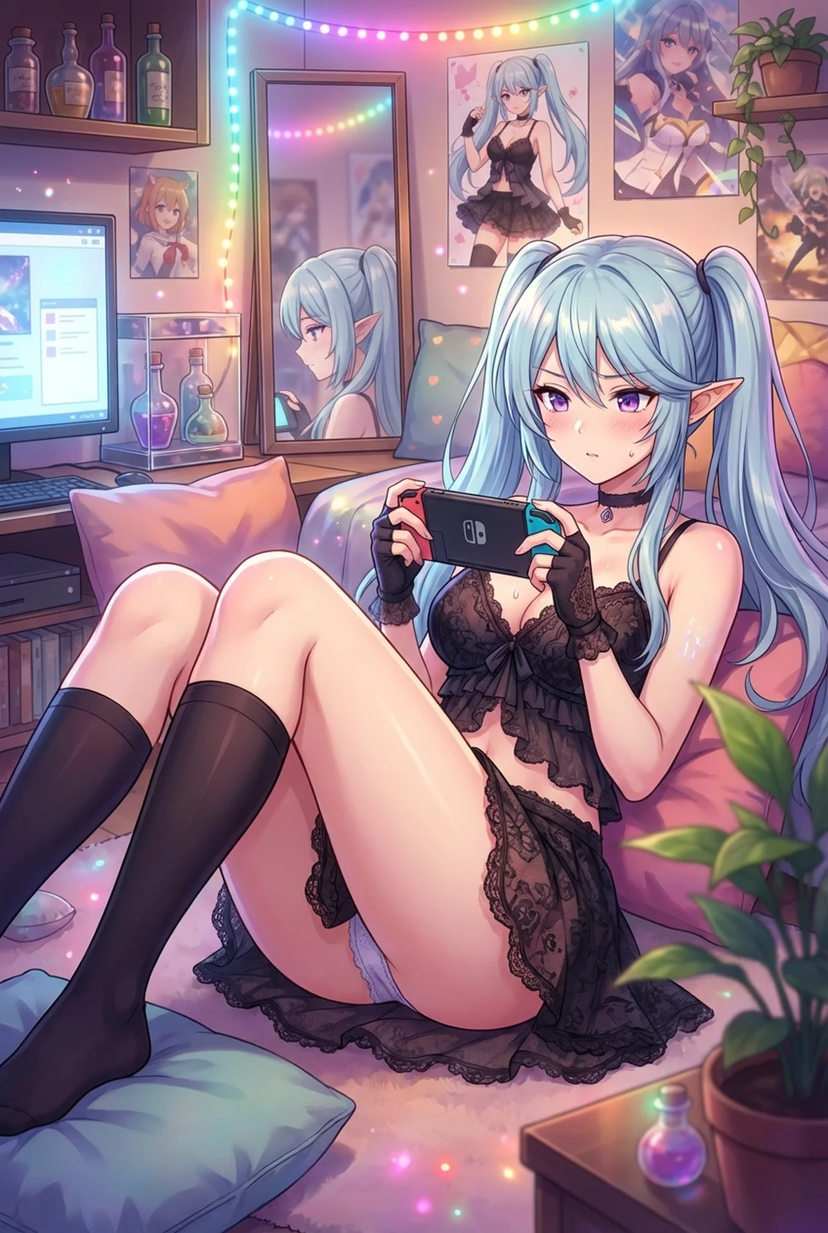 「陰の実力者になりたくて!」のイプシロンが、フリルが可愛い黒いランジェリー姿でNintendo Switchに夢中。カラフルなライトで飾られた私室で、リラックスしてゲームを楽しむ様子が描かれています。