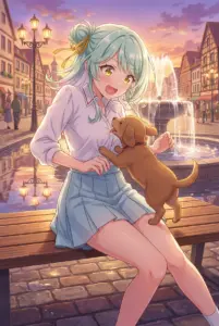 【小柳 香穂】夕暮れ街角、子犬と笑顔のひととき