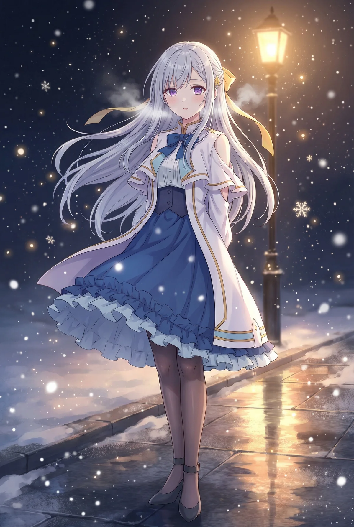 「転生王女と天才令嬢の魔法革命」のユフィリア・マゼンタが、雪降る寒い夜、街灯の下に佇む姿を描いたイラスト。白い息が舞い上がり、冬の美しい幻想的な光景が広がります。彼女の優雅なドレスが夜に映えます。