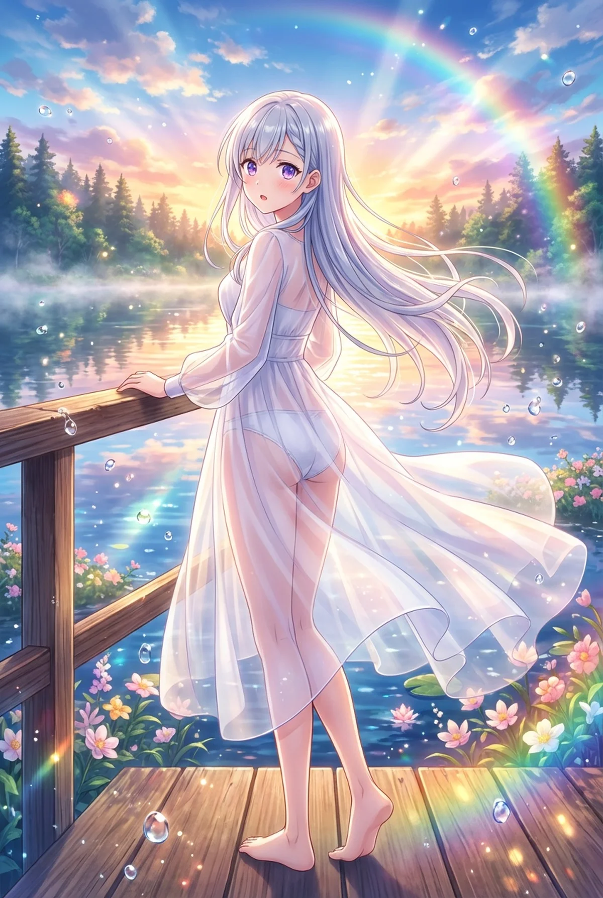 ユフィリア・マゼンタが夕焼けに染まる湖畔の桟橋で、シースルーの白いドレスをまとっています。水着が透けて見える、虹と水滴が煌めく幻想的な景色に、振り返る彼女の姿が印象的な一枚です。