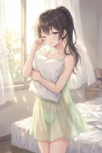 Yuki Suo’s sleepy morning in a translucent loungewear