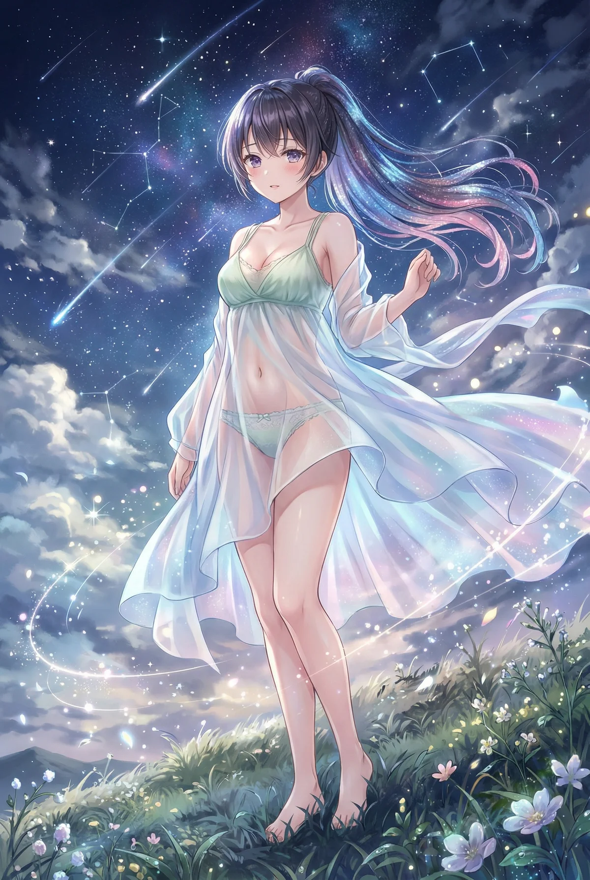 「ロシア語でデレる隣のアーリャさん」の周防有希が、満天の星が輝く幻想的な夜空の下、薄いガウンを纏って草むらに佇む姿。流れ星と星座が煌めき、神秘的な美しさを放っています。