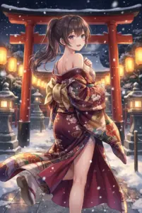 Yuki Suou: Bewitching Kimono Beauty in a Snowy Shrine Night