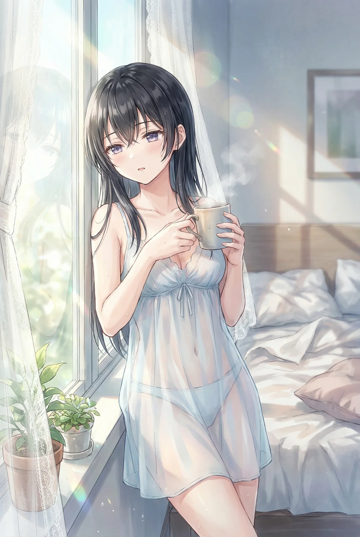 Yuki Suou in a sheer nightgown stands by a sunlit window, holding a warm drink. A beautiful, transparent glow surrounds her serene morning moment.