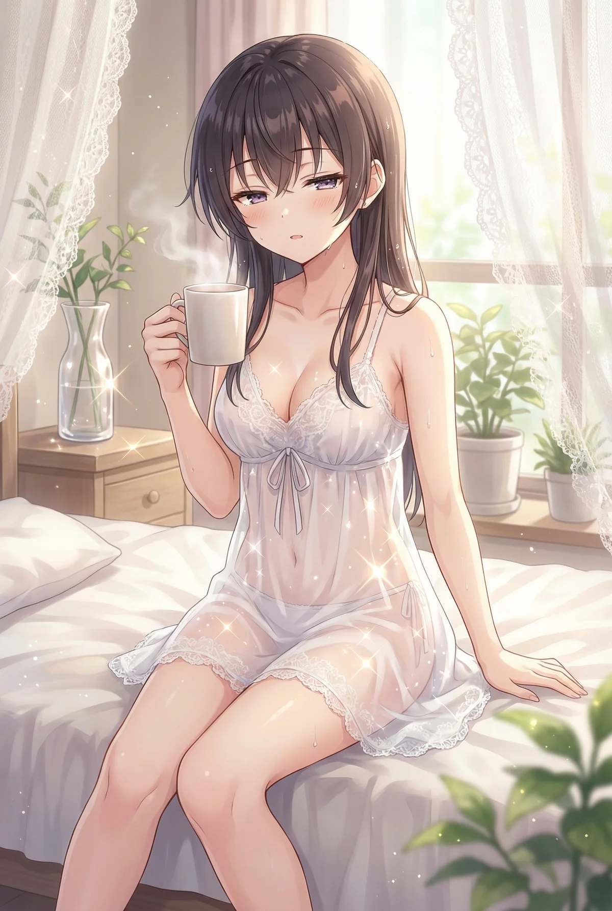「ロシア語でデレる隣のアーリャさん」の周防有希。透け感のある白いランジェリーをまとい、温かい飲み物を片手に窓から差し込む光を浴びる、甘く気だるげな朝のひととき。