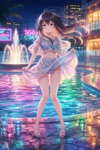 【周防 有希】ネオン輝く夏の夜のプールサイド
